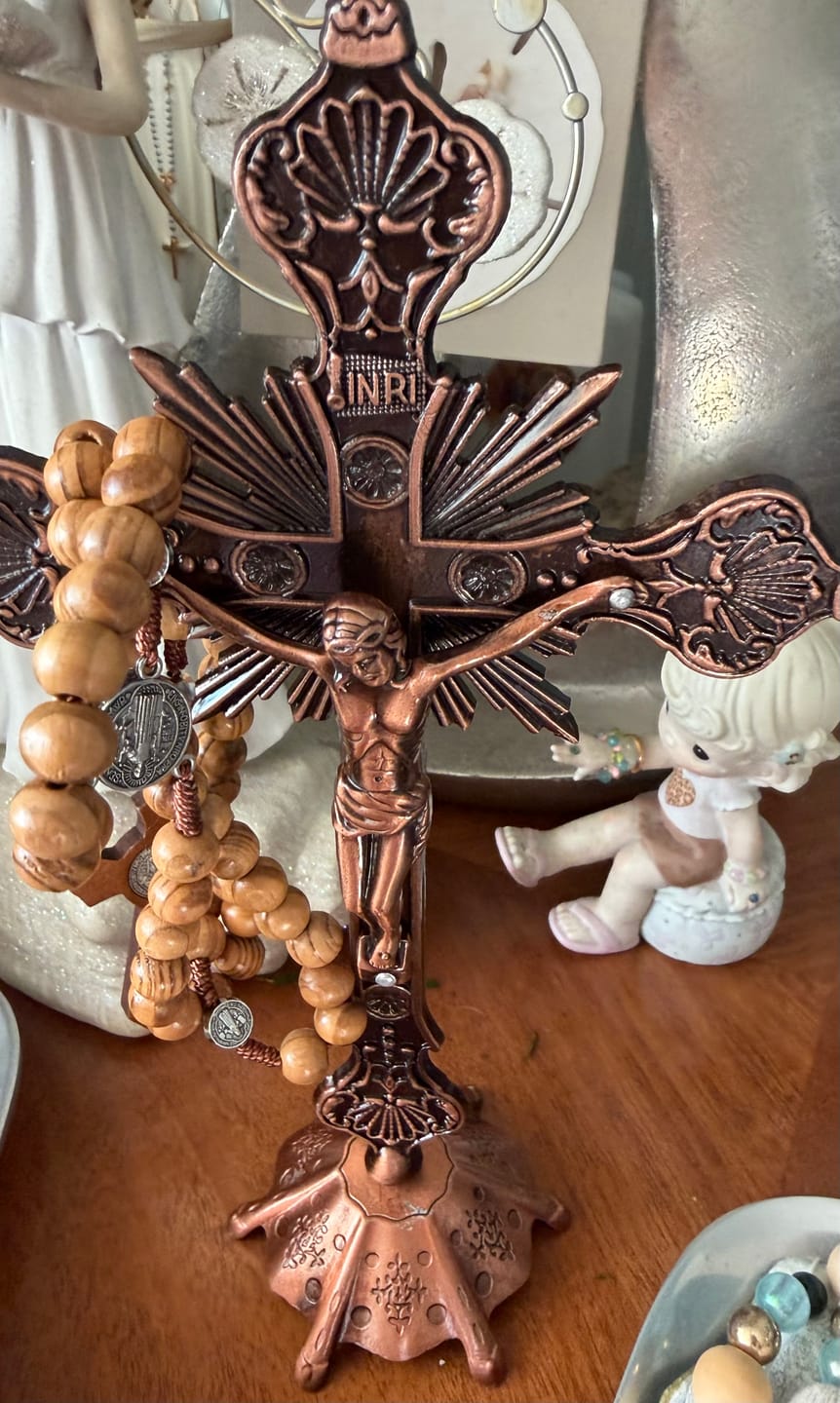 Customer photo review of 10" Bronze Standing Crucifix & Rosary with True Cross Blessing