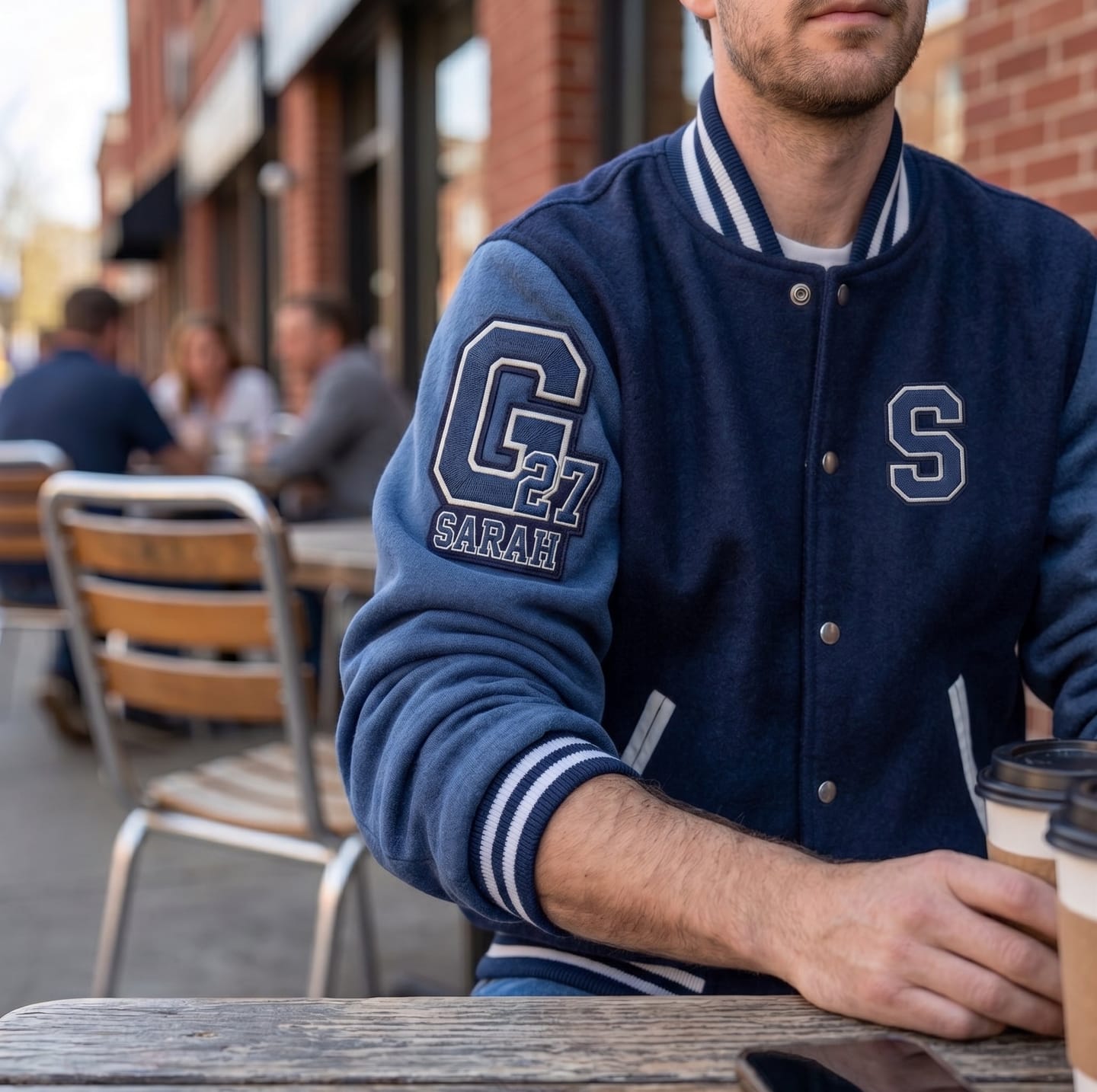 Customer photo review of Custom Navy Royal Full-Snap Letterman Jackets Coats and Personalized Stitched Varsity