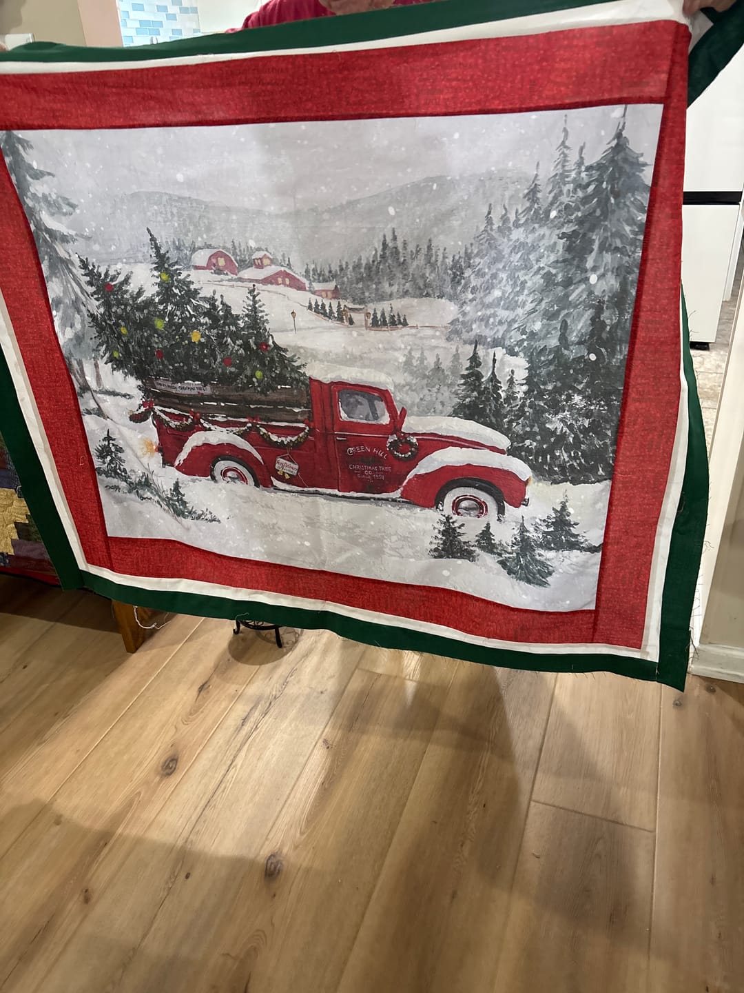 Customer photo review of Christmas Truck Delivering Trees Fabric Panel