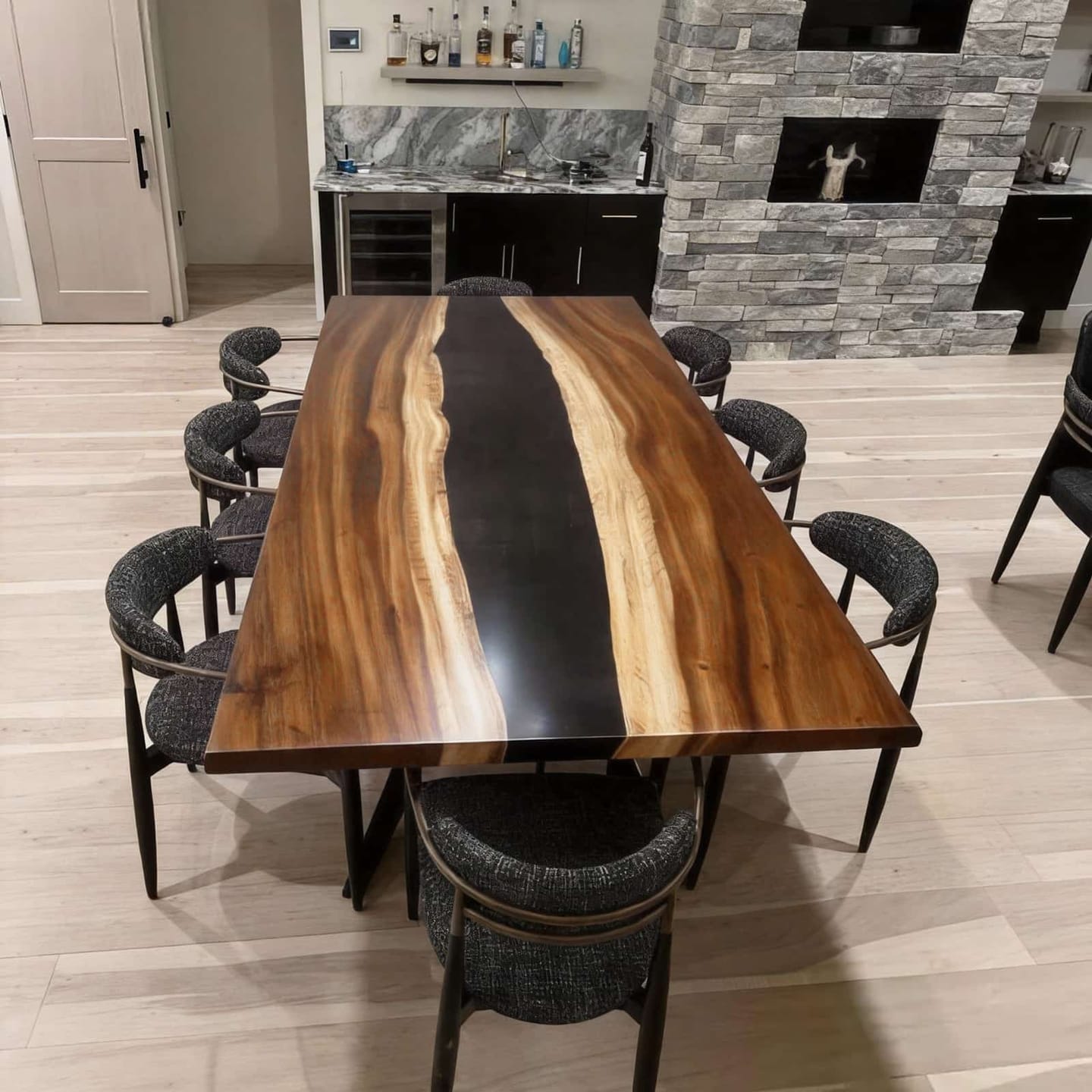 Customer photo review of Elegant Modern Walnut River Table in Translucent Black Gloss Resin CRT-295