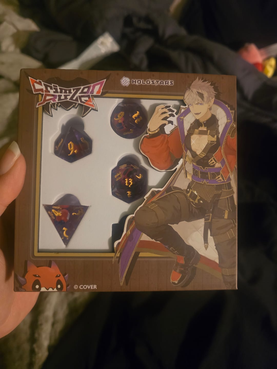 Customer photo review of PRE-ORDER | Crimzon Ruze Sharp-Edged Resin Dice Set | HOLOSTARS English x MMG Exclusive