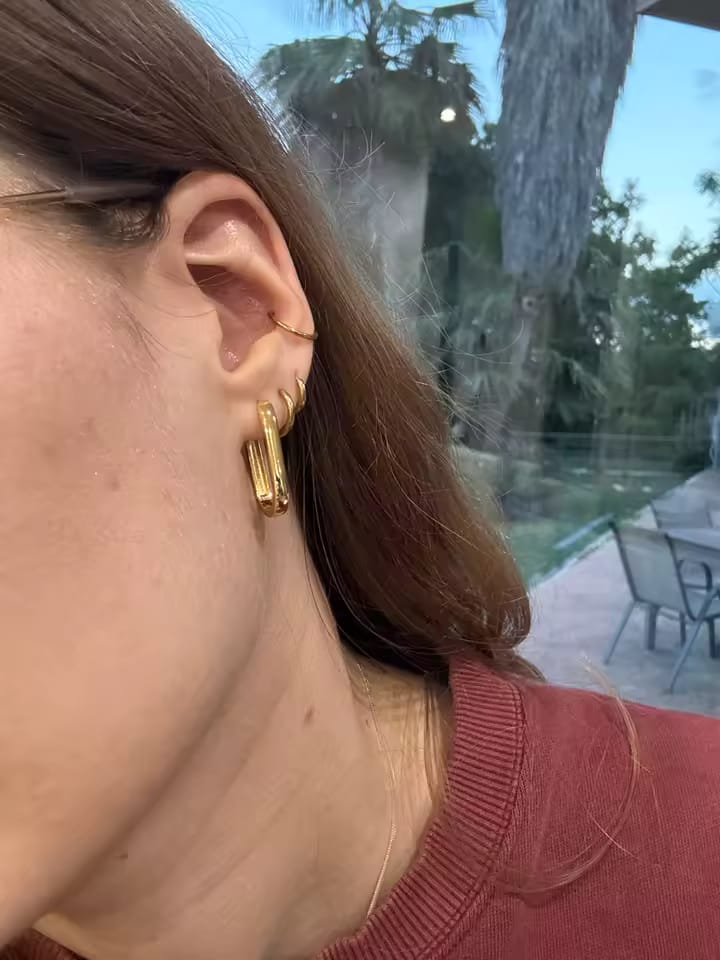 Customer photo review of 3-Pair Geometric Square Stainless Steel Hoop Earring Set