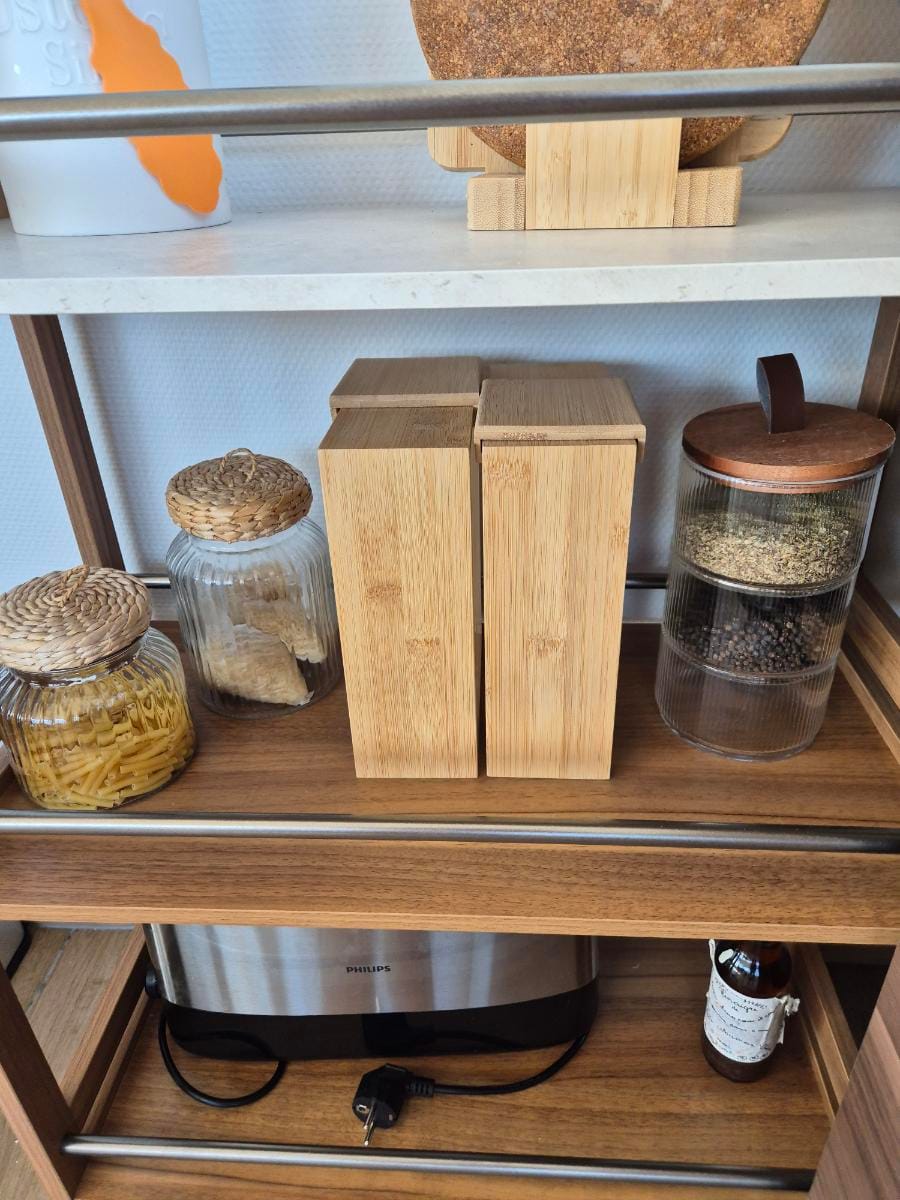 Customer photo review of Sliding Bamboo Wood Pasta Grain Storage Container