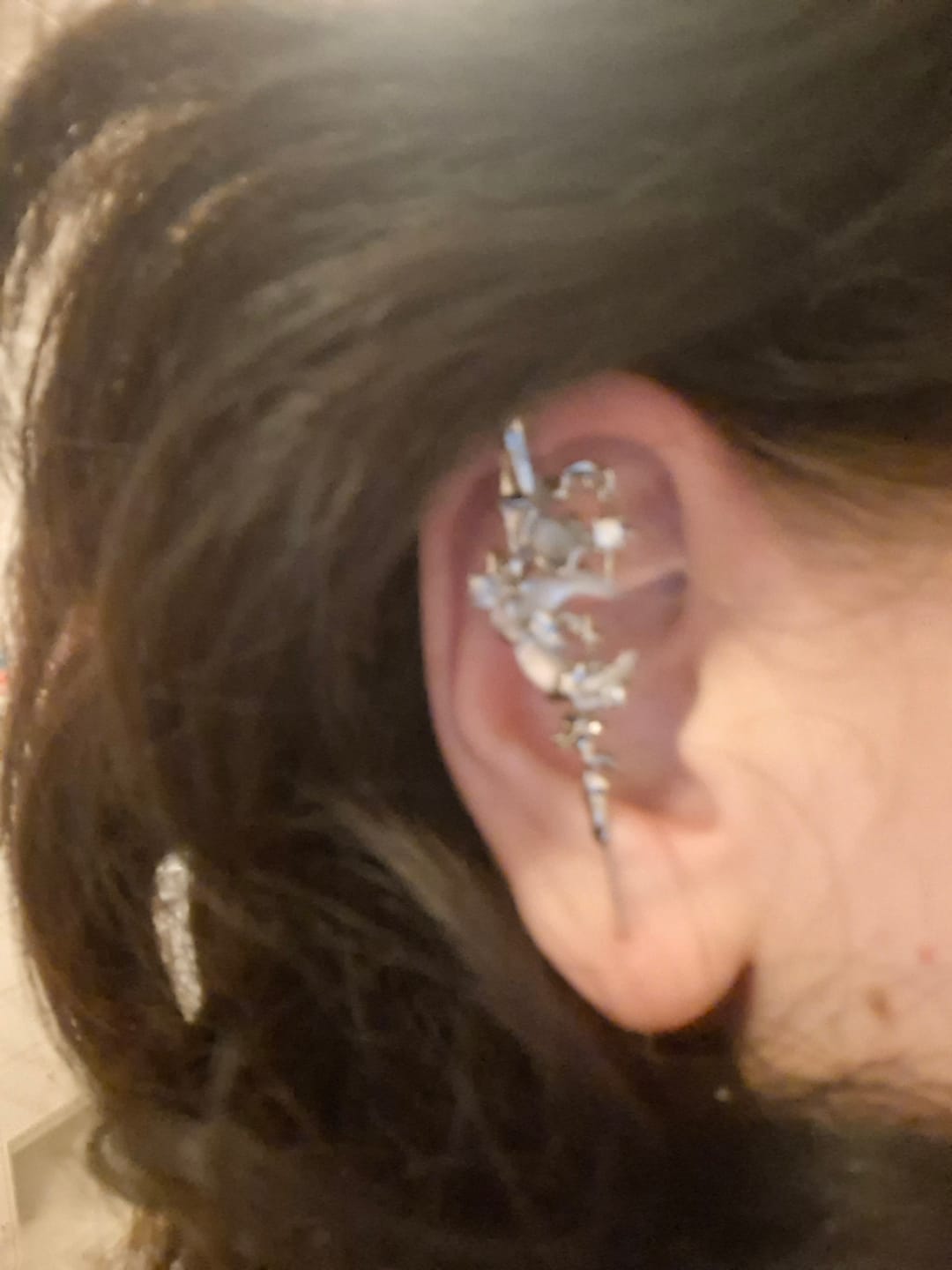 Customer photo review of "MYTH OF THE MOON" 925 Sterling Silver Statement Celestial Moon Dangle Needle Piercing Earring