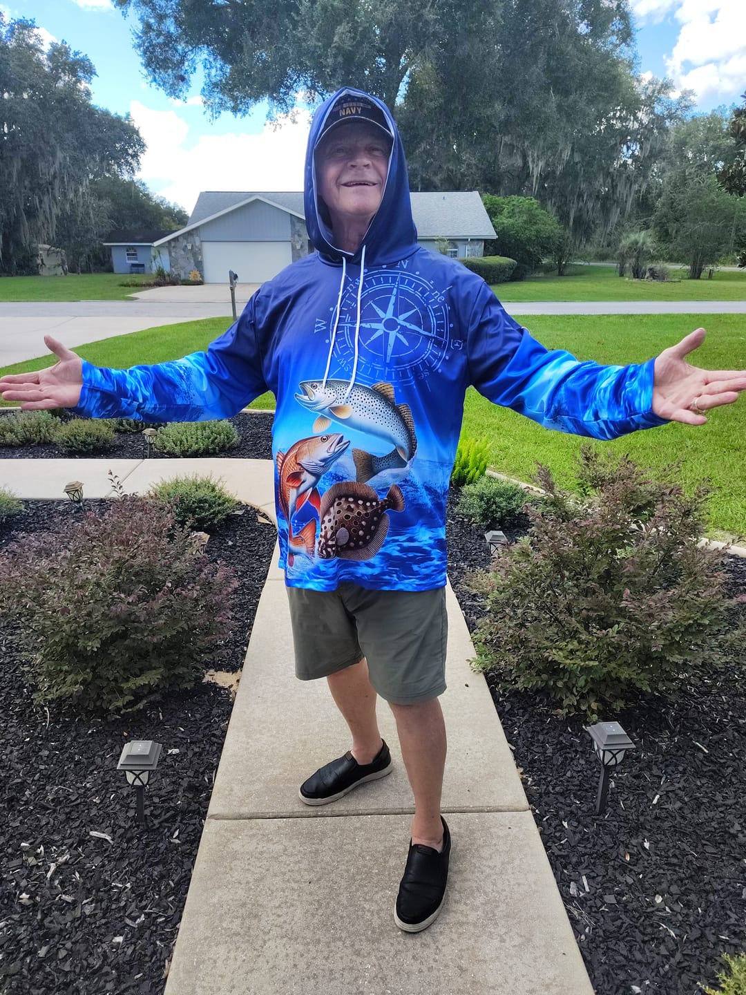 Customer photo review of Personalized Redfish, trout, flounder Blue Performance Fishing Shirt, compass inshore tournament Shirt NQS5941