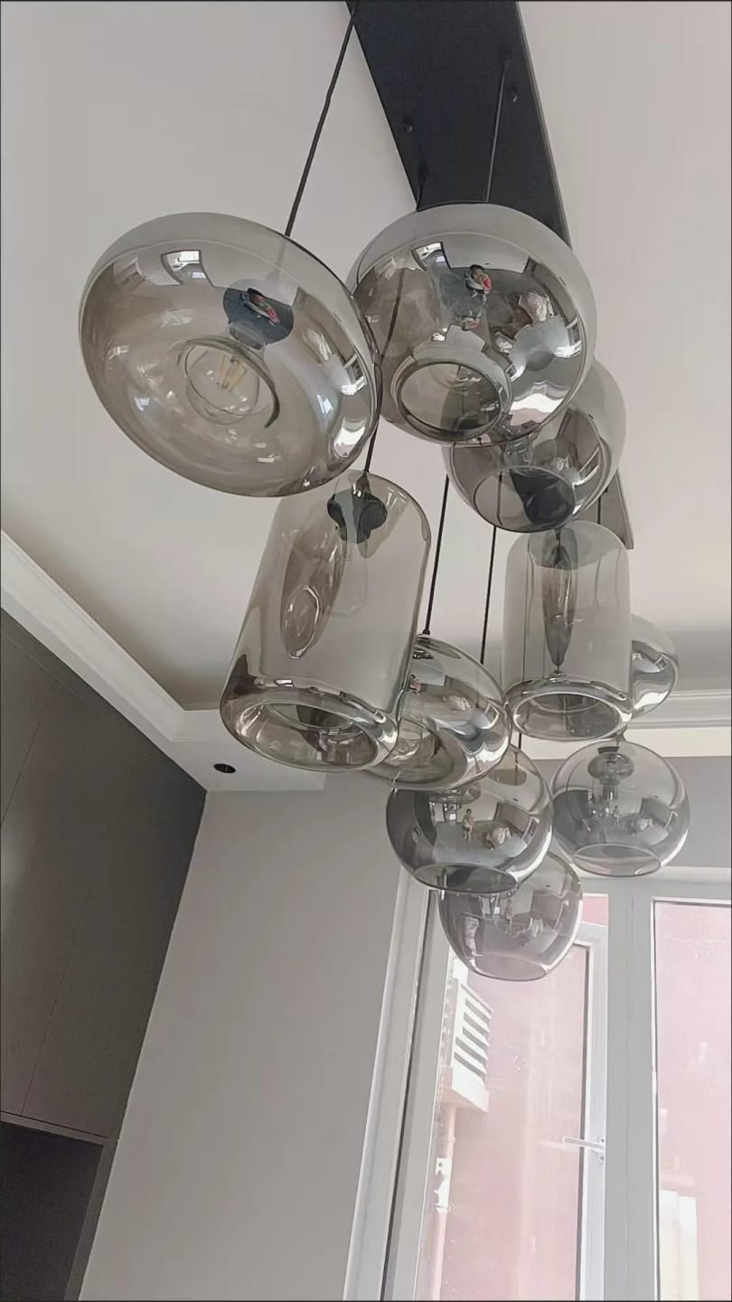 Customer photo review of Bottle Pendant Light, Hand-Blown Smoke Gray Glass, Black, E27