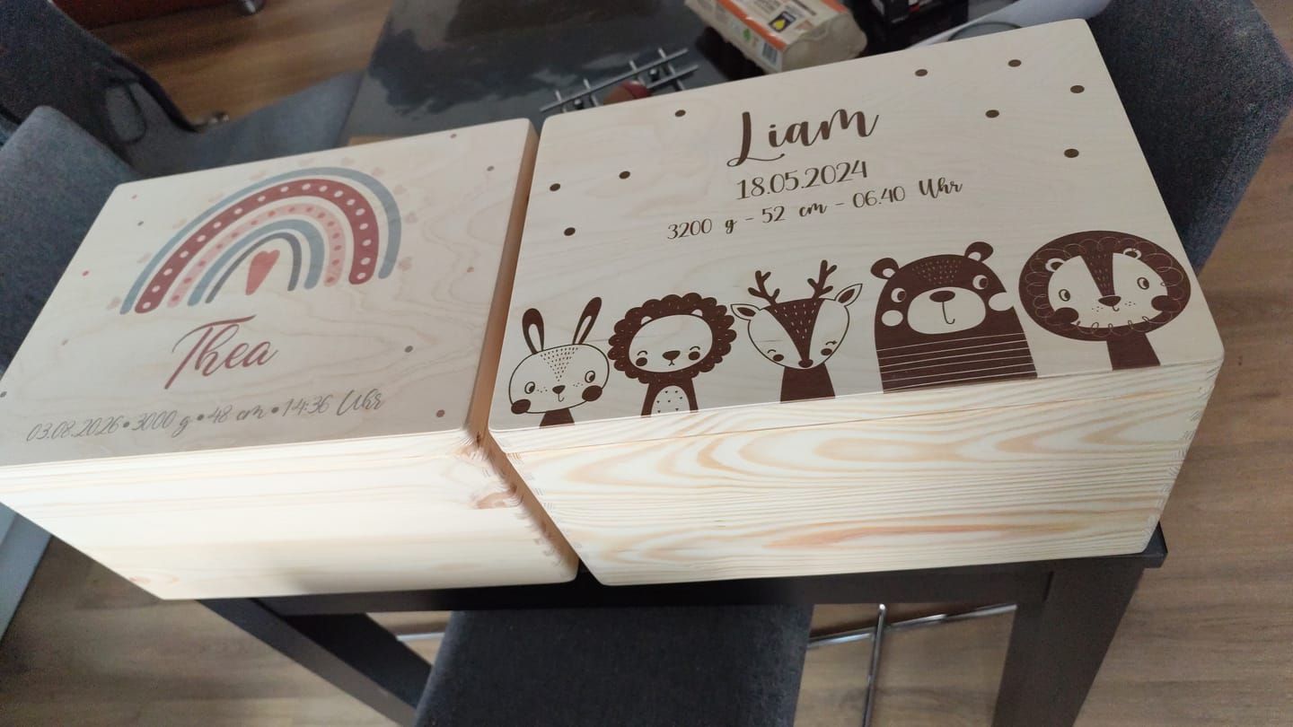 Customer photo review of Erinnerungsbox Baby, Erinnerungskiste Baby - Tierfamilie graviert