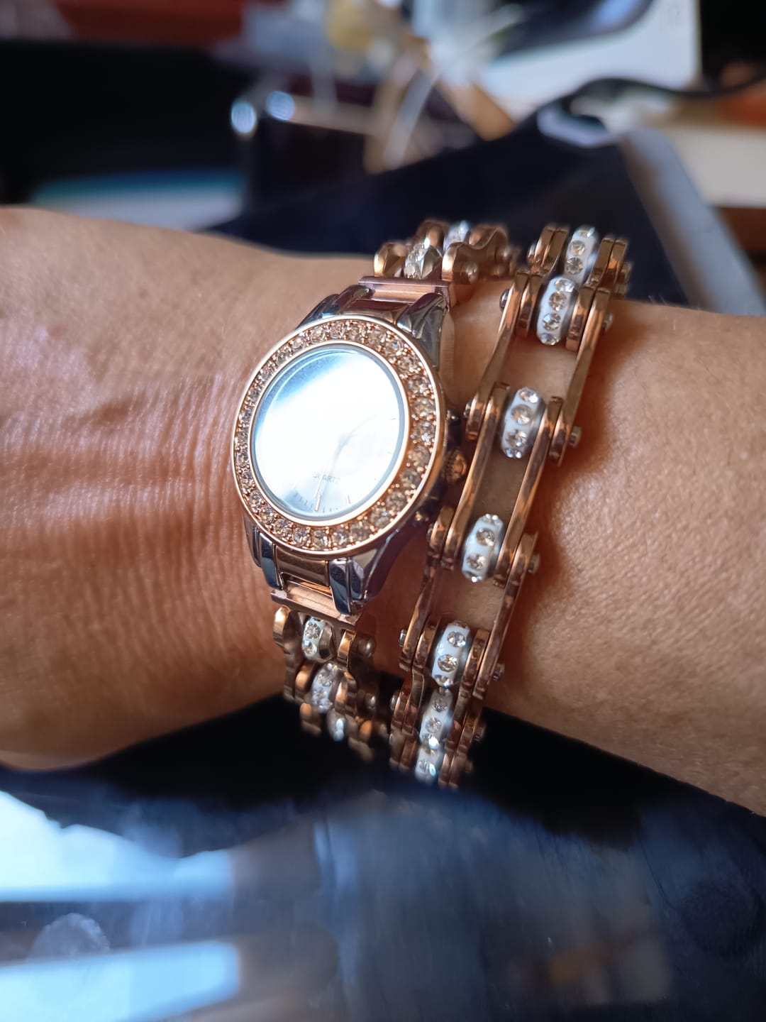 Customer photo review of Cycolinks Rose Gold Crystal Bike Chain Bracelet