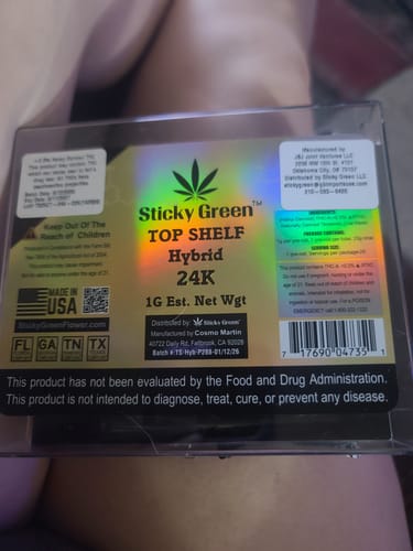 Customer's packaging for 24K Hybrid Infused Top Shelf Pre Rolls, showing labels and holographic details on the box