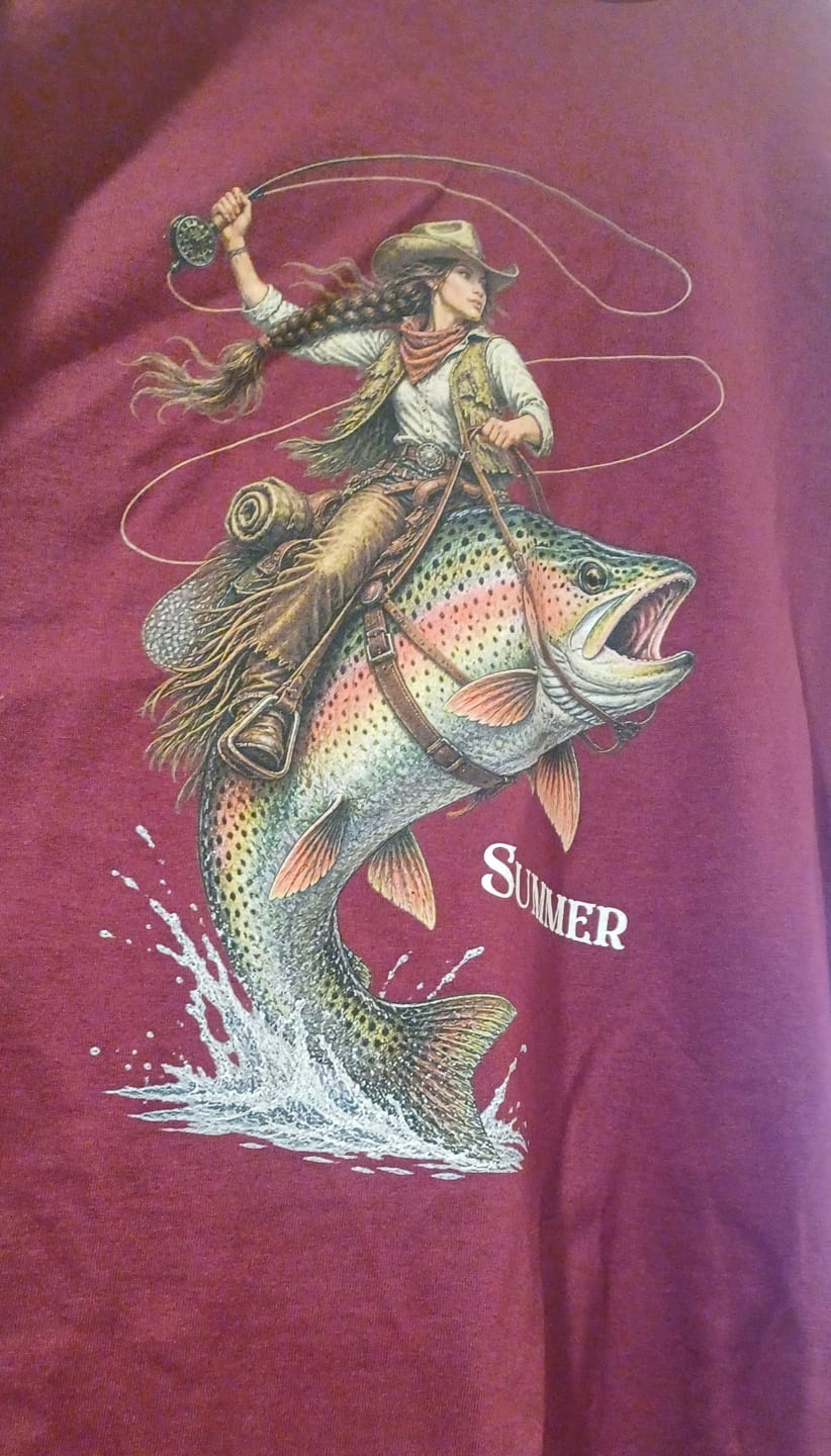 Customer photo review of Western Cowgirl Riding a Rainbow Trout Fly Fishing Graphic T-Shirt
