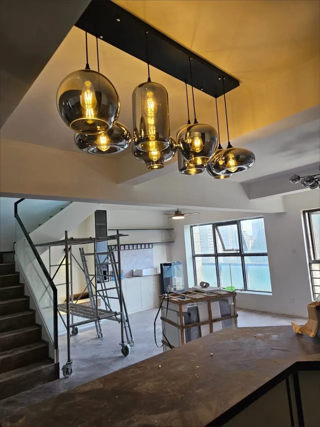 Customer photo review of Bottle Pendant Light, Hand-Blown Smoke Gray Glass, Black, E27