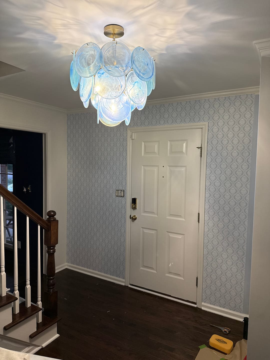Customer photo review of Glam Blue Iridescent Swirl Glass Round Tiered Chandelier