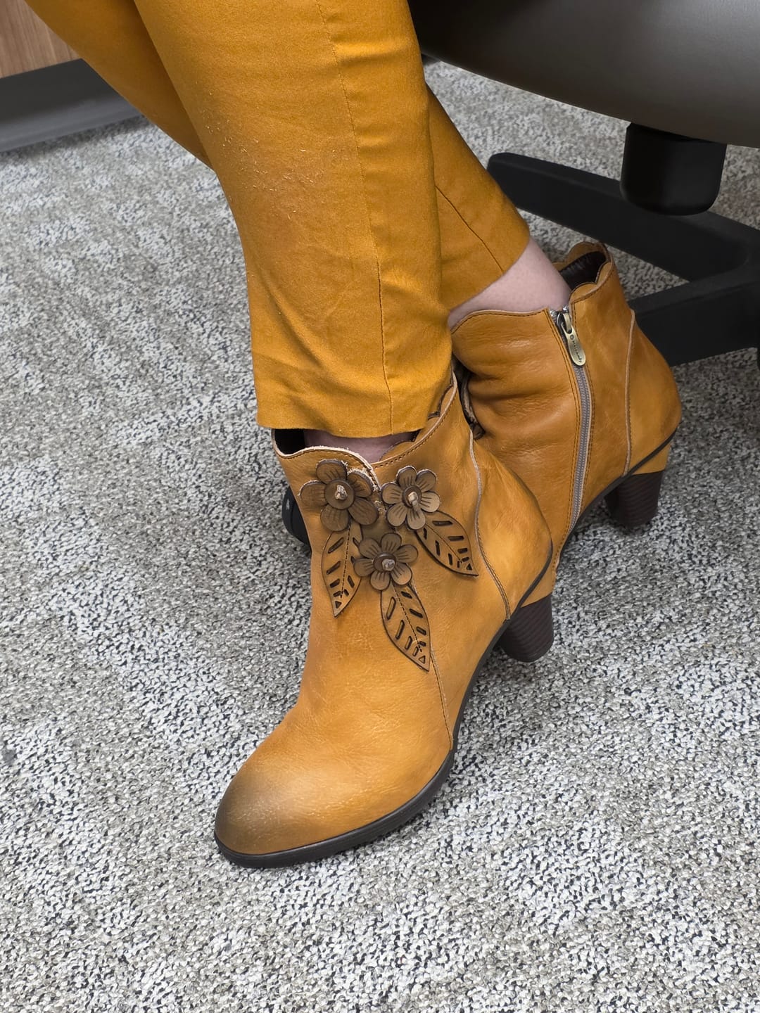 Customer photo review of Retro Handmade Floral Leather Solid Color Ankle Boots