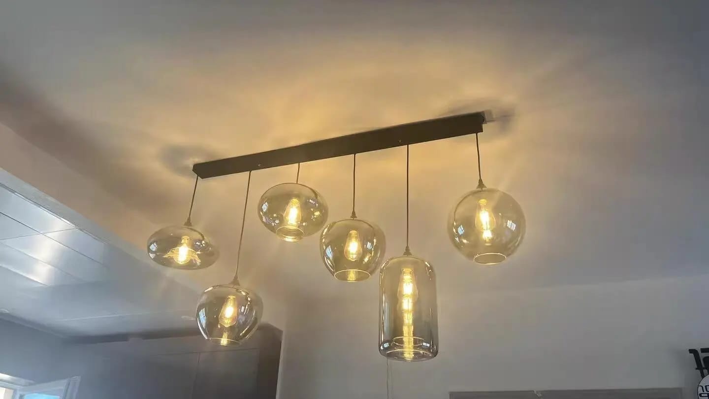 Customer photo review of Bottle Pendant Light, Hand-Blown Smoke Gray Glass, Black, E27