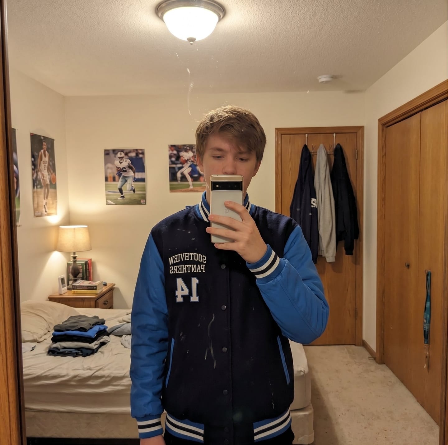 Customer photo review of Custom Navy White-Powder Blue Letterman Jacket with Contrast Sleeves Varsity Full-Snap