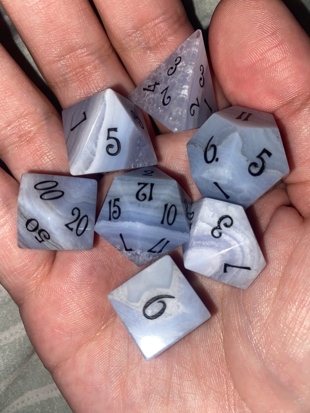 Customer photo review of URWizards D&D Blue Lace Agate Gemstone Engraved Dice Set(Limited Edition)