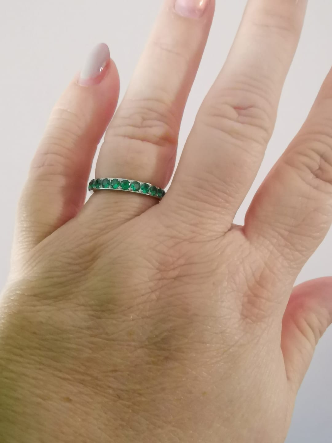 Customer photo review of 3mm White Gold Full Glitz Eternity Ring | Emerald Green Cubic Zirconia Stacking Ring