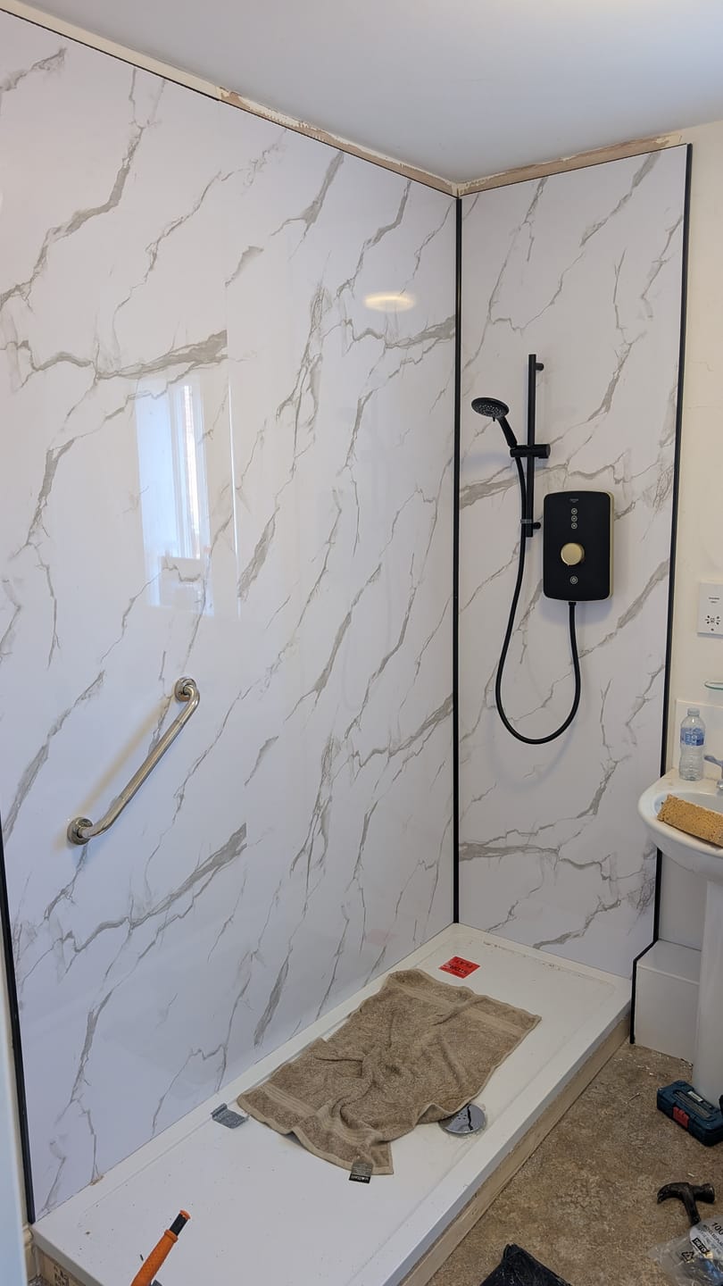 Customer photo review of Premium Carrara White Marble Gloss Shower Wall Panel - 1M x 2.4M