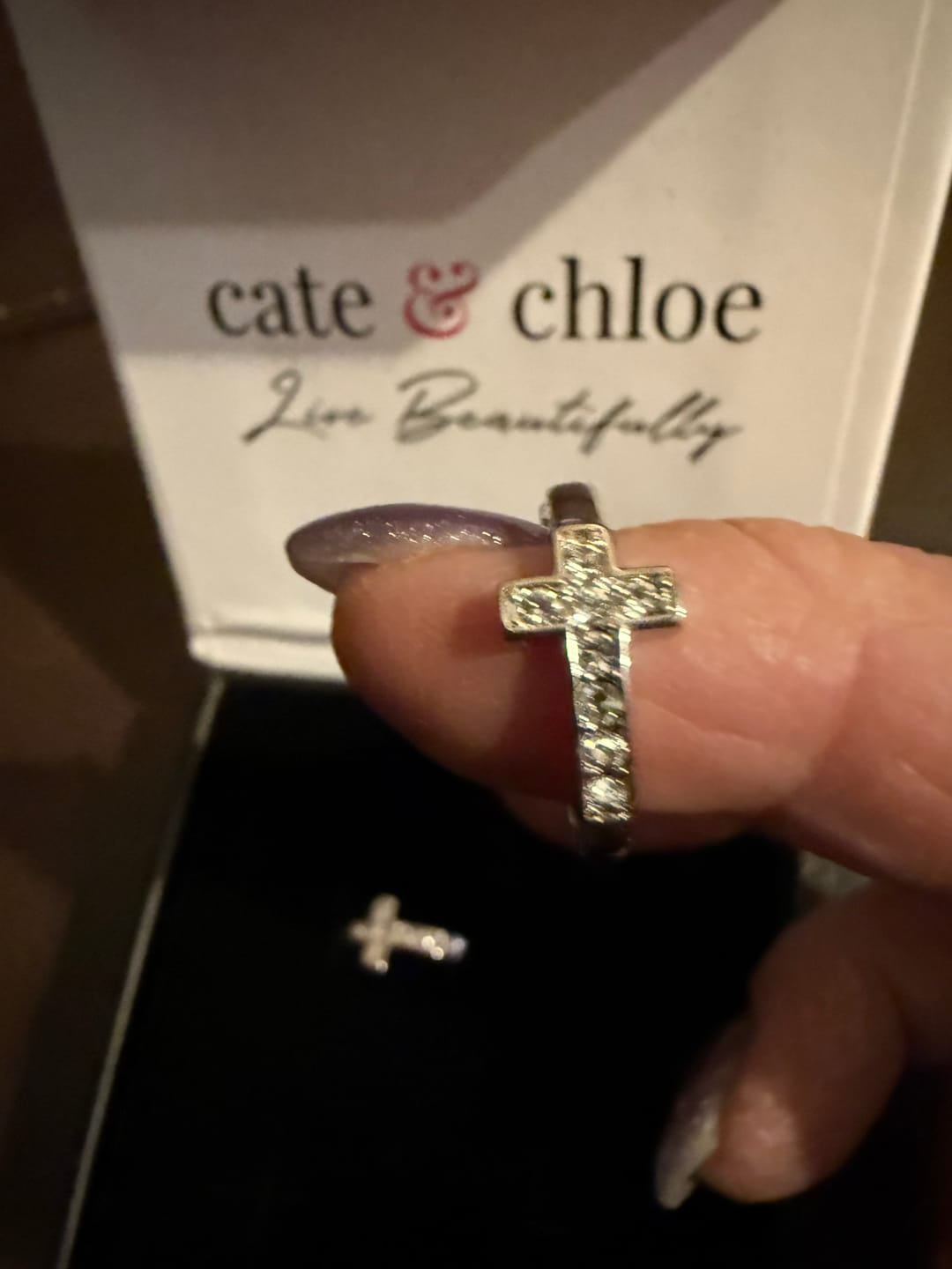 Customer photo review of Danielle 18k White Gold Plated 18mm Hoop Cross Earrings with Swarovski Crystals