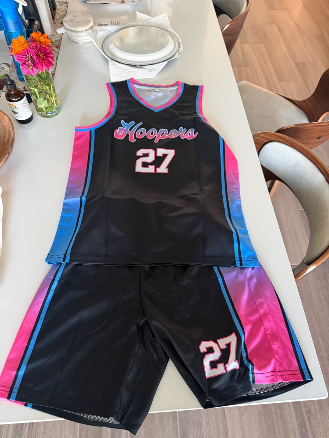 Customer photo review of Custom Black Powder Blue-Pink Gradient Fashion Sports Uniform Basketball Jersey