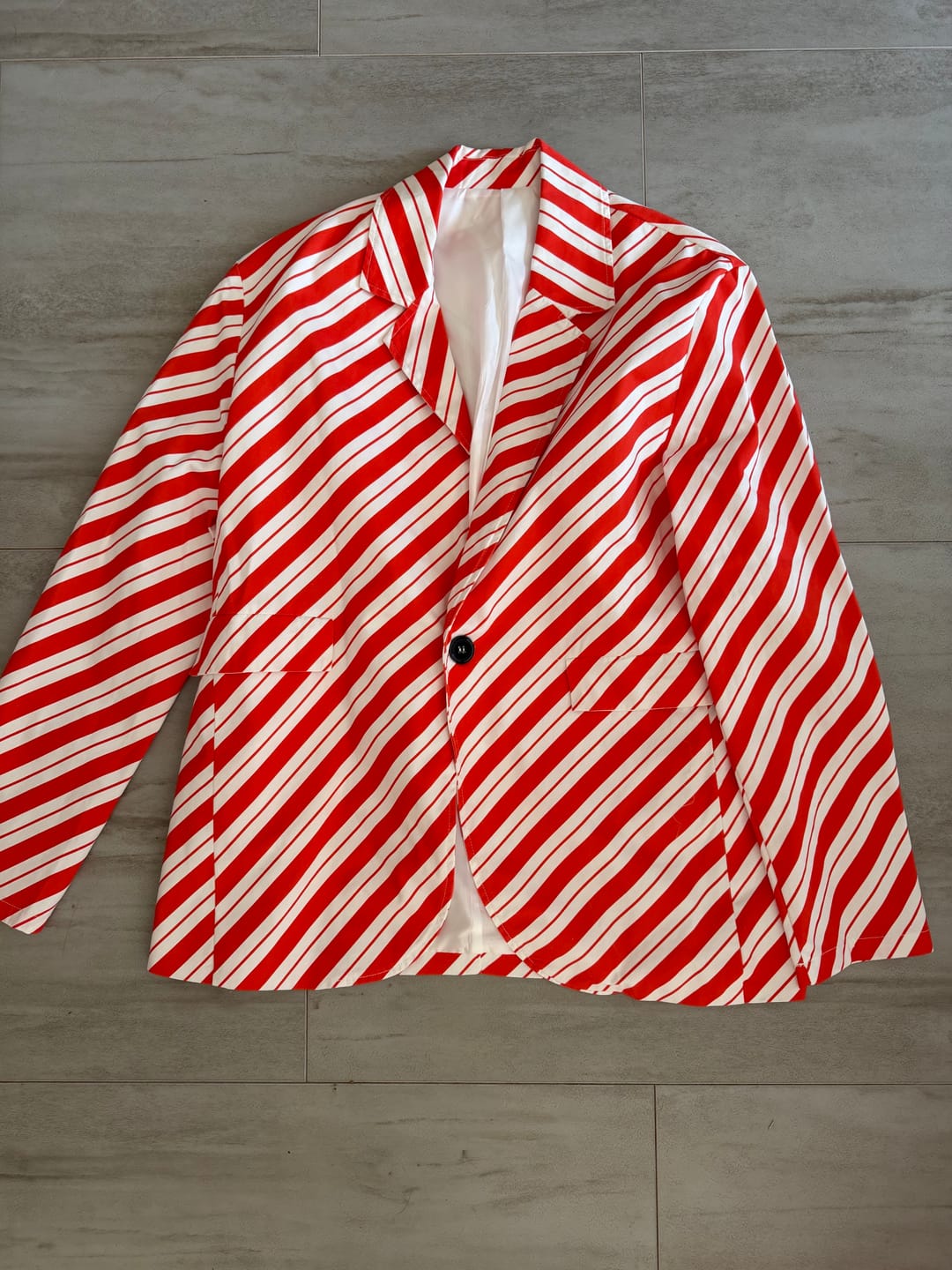 Customer photo review of Red And White Candy Cane Stripes Print Men's Cotton Blazer