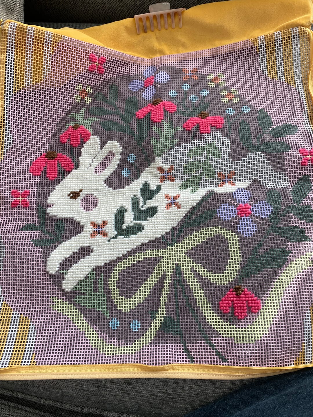 Customer photo review of BOUNDING BUNNY - Tapestry Needlepoint Cushion Kit
