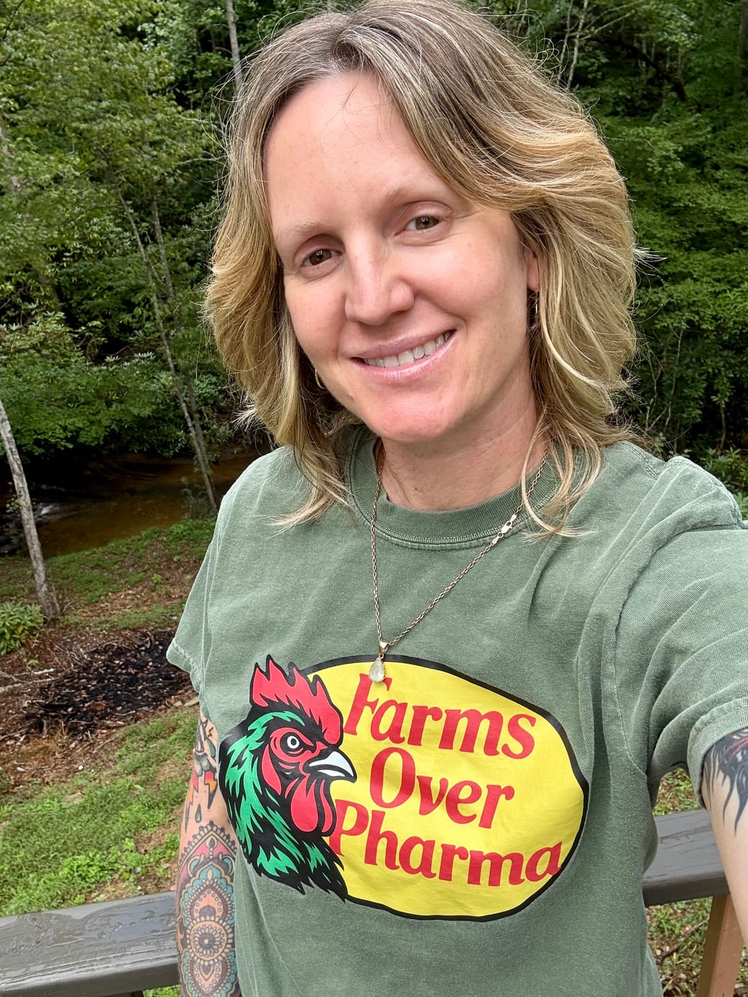 Customer photo review of Farms Over Pharma® (Rooster) T-Shirt (Army)