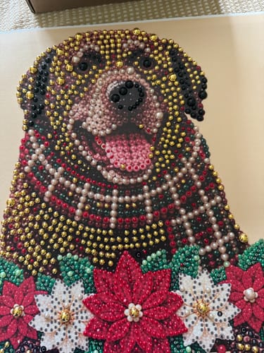 Customer's Custom Christmas Pet Pearl Bead Portrait of a dog wearing a scarf, showing incomplete bead application.