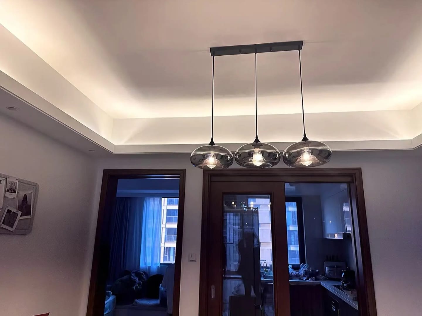 Customer photo review of Bottle Pendant Light, Hand-Blown Smoke Gray Glass, Black, E27