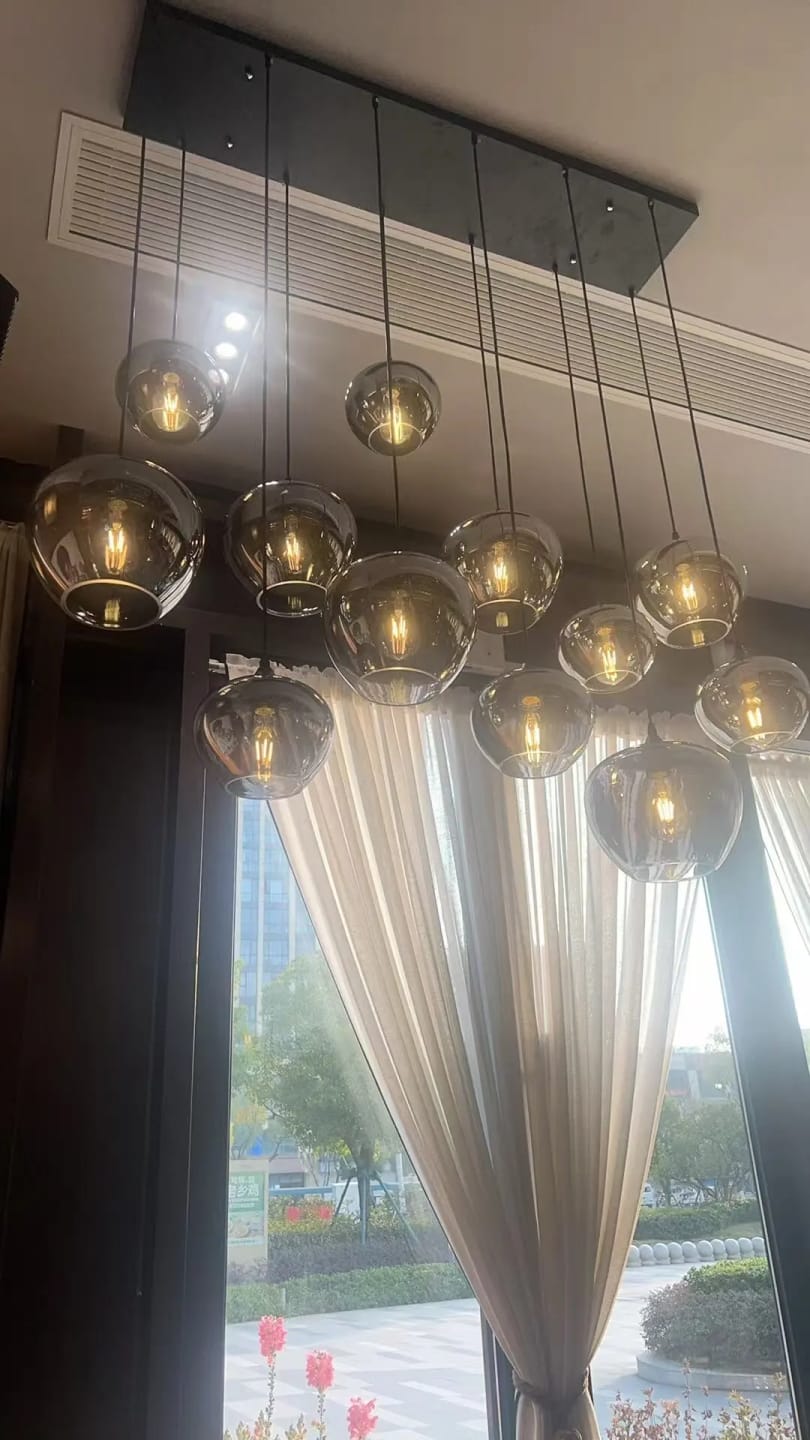Customer photo review of Bottle Pendant Light, Hand-Blown Smoke Gray Glass, Black, E27