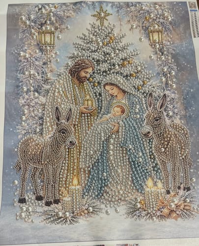 Customer's completed Personalized 3D Pearl Art canvas featuring a textured Nativity scene with pearl bead details.
