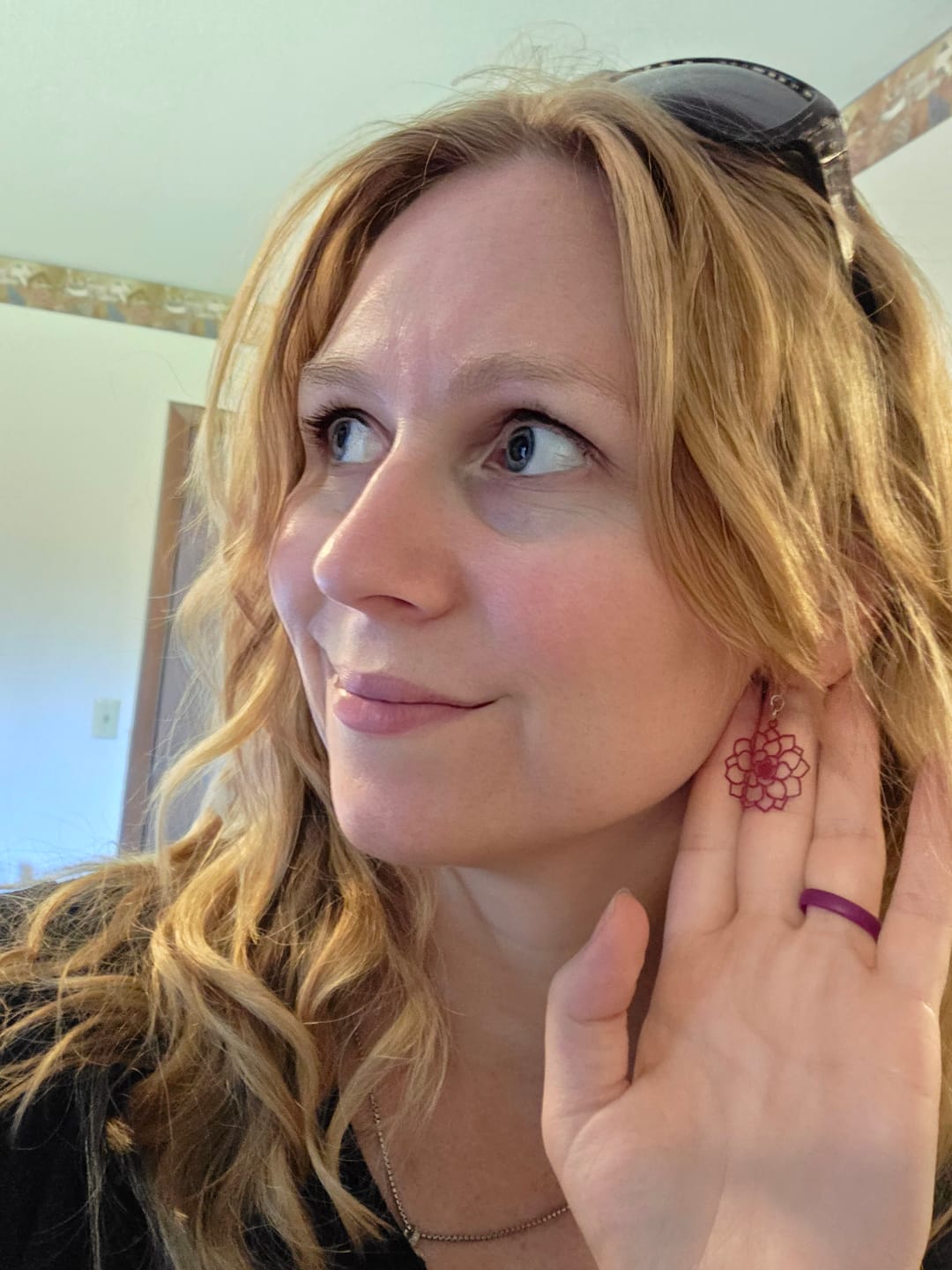Customer photo review of Filigree Rose Dangles Hypoallergenic Earrings for Sensitive Ears with Plastic Posts