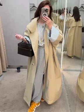 Customer photo review of Oversize Kruvaze Yaka Kemerli Uzun Trençkot