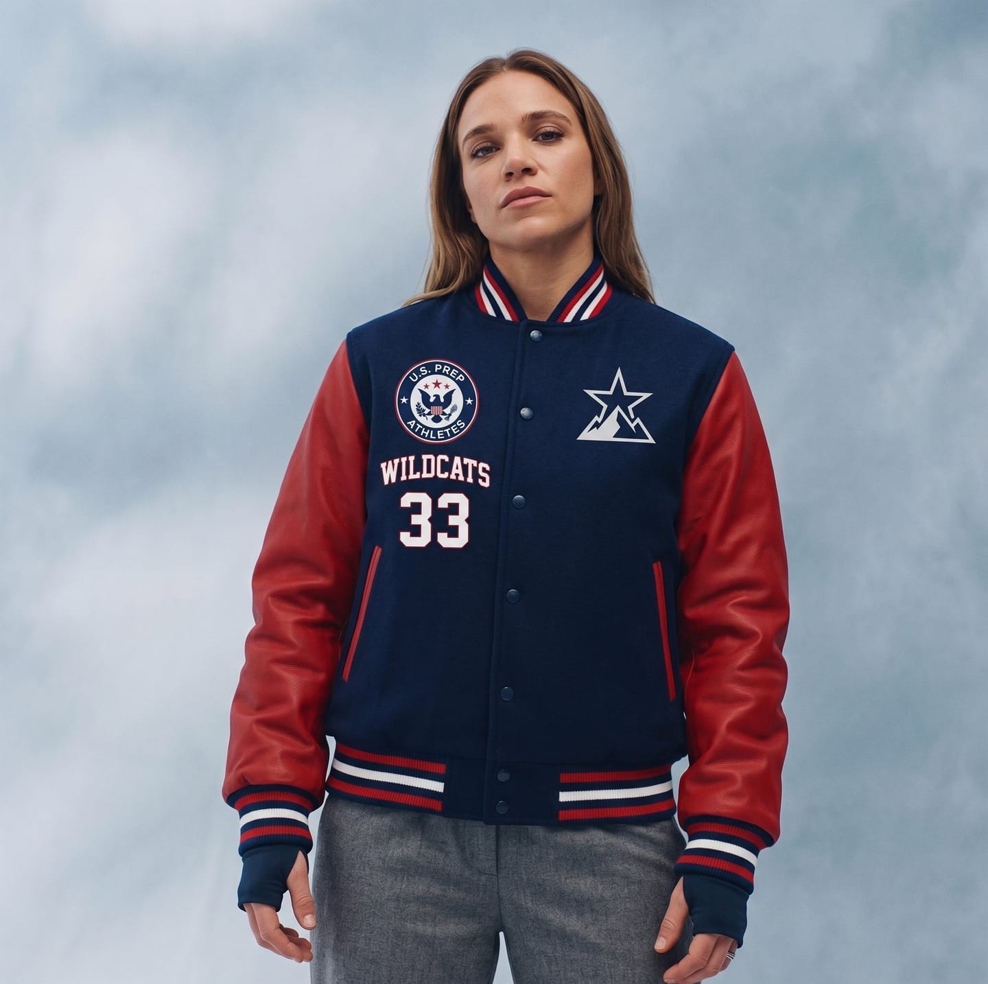 Customer photo review of Custom Navy Red-Navy Letterman Jacket with Contrast Sleeves Varsity Full-Snap
