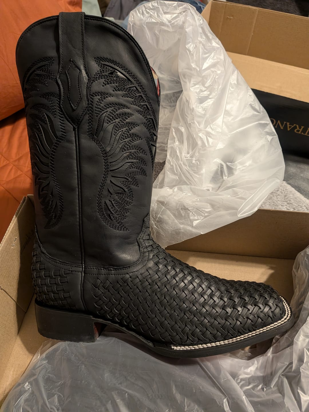 Customer photo review of Black Basketweave Leather Boots - Square Toe
