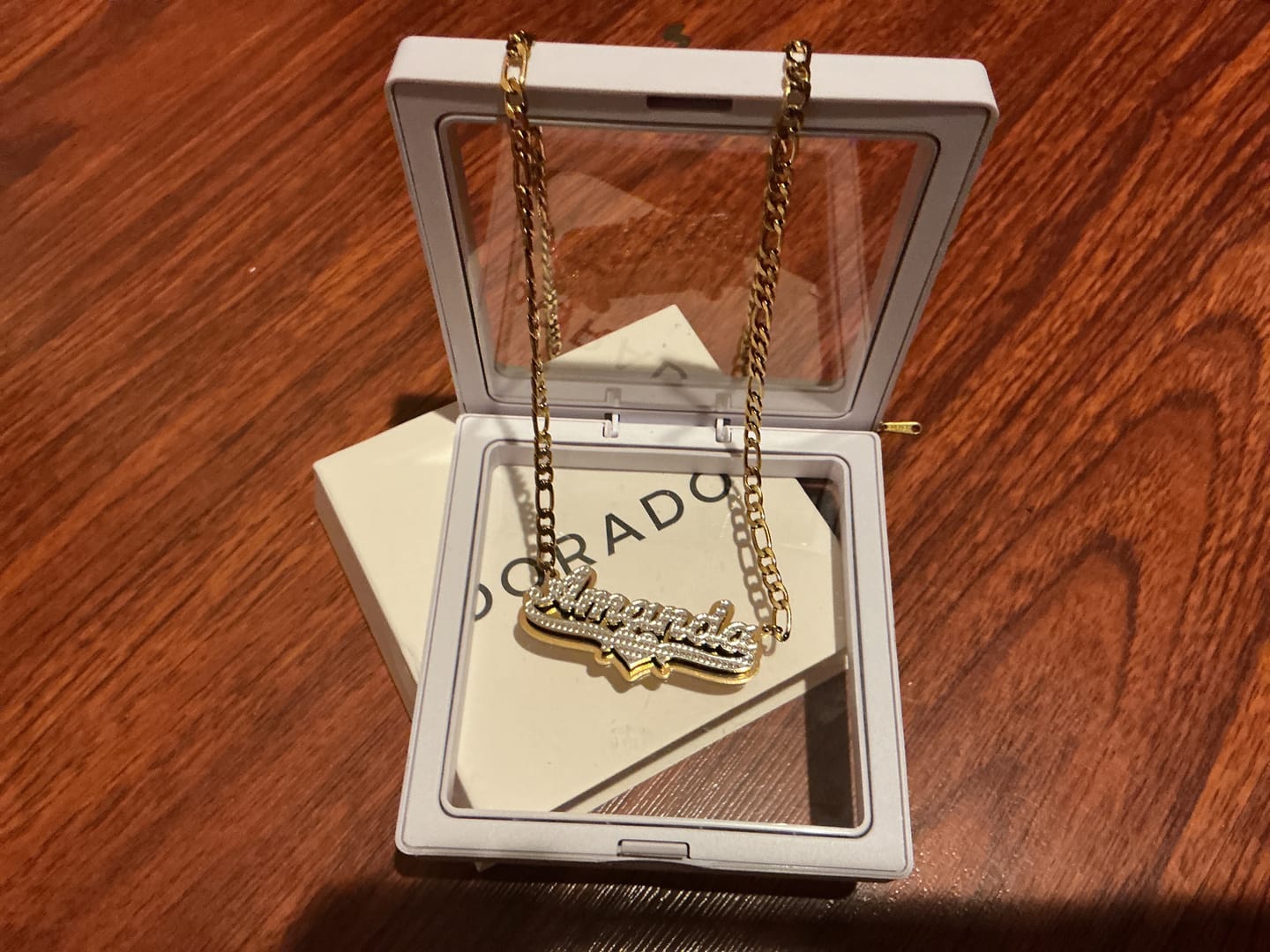 Customer photo review of Double Plated Pop Out Heart Name Necklace w/ Figaro Chain