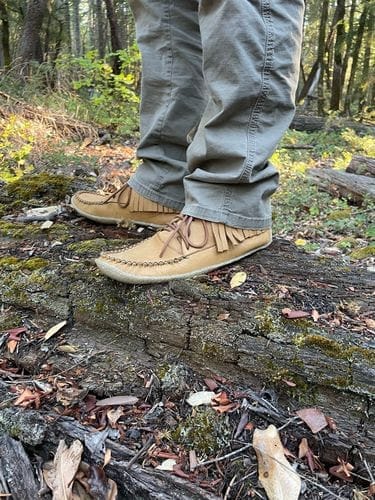 Customer photo review of Men's Moose Hide Leather Fringed Moccasin Boots