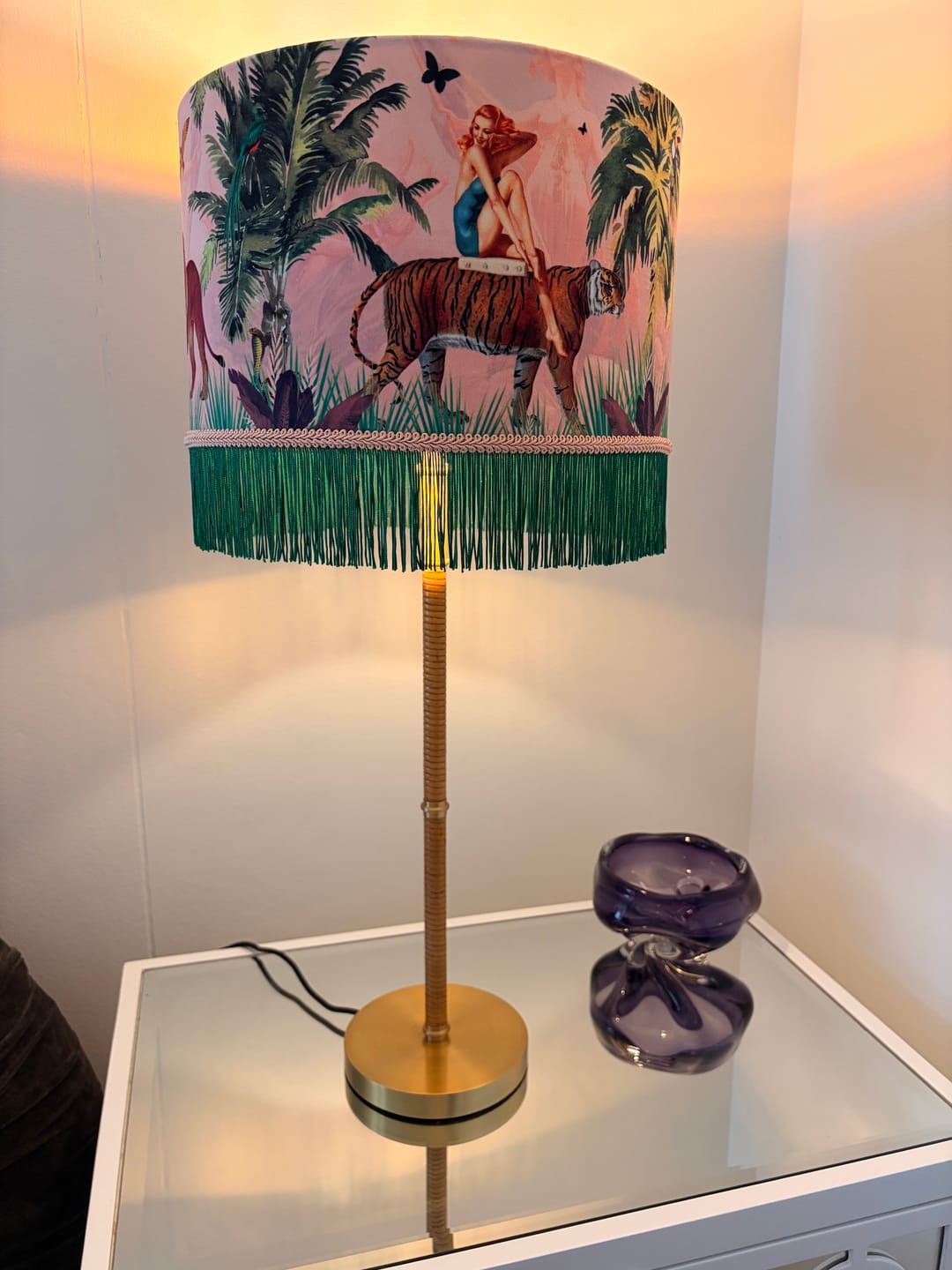 Customer photo review of Queen K Jungle Walk Pink Fringed Drum Lampshade