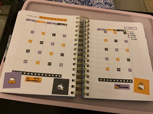 Customer's Spooky Boos Theme Hobonichi Cousin Monthly Kit used to decorate a planner spread with orange and purple stickers.