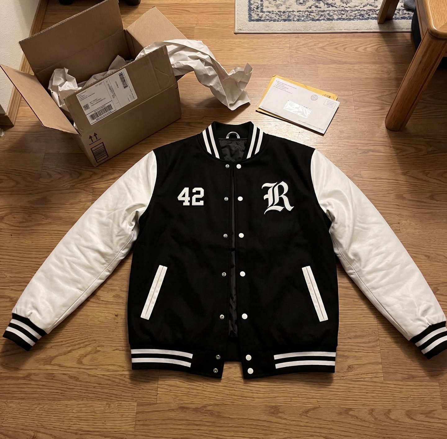 Customer photo review of Custom Black White Varsity Letterman Jackets Personalized Baseball Coats Full-Snap with Contrast Sleeves