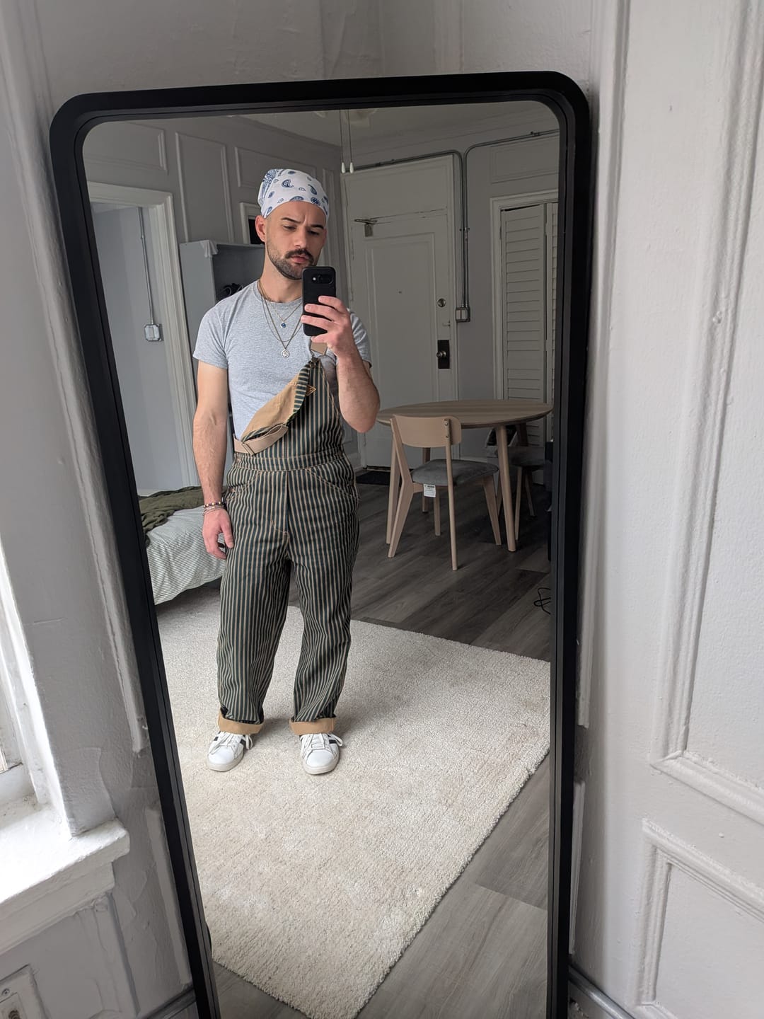 Customer photo review of “STAY TRUE” Embroidered Patch Two-Tone Striped Overalls