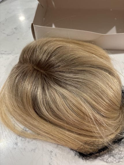 Customer photo review of Swiss Lace Crown Topper with 4 Clips — Large Coverage Breathable Hairpiece for Thinning Hair & Gray Roots
