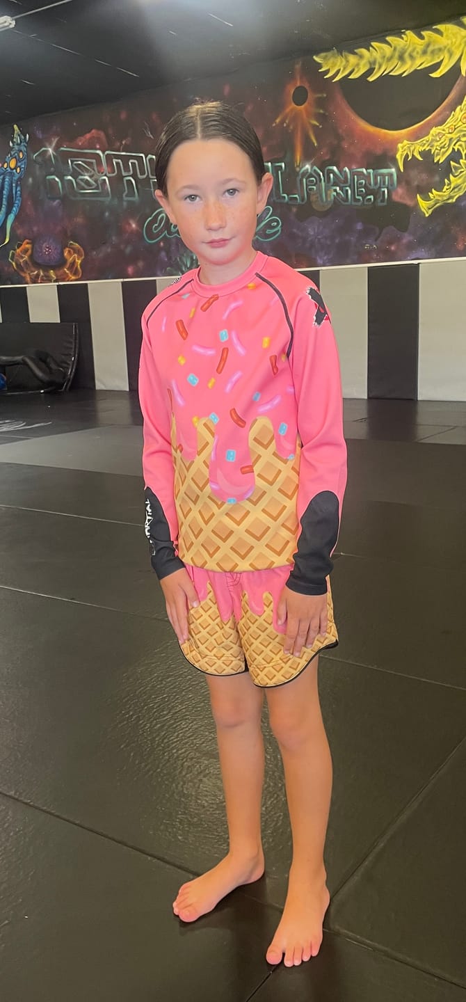 Customer photo review of Sundae Best Kids BJJ Rash Guard