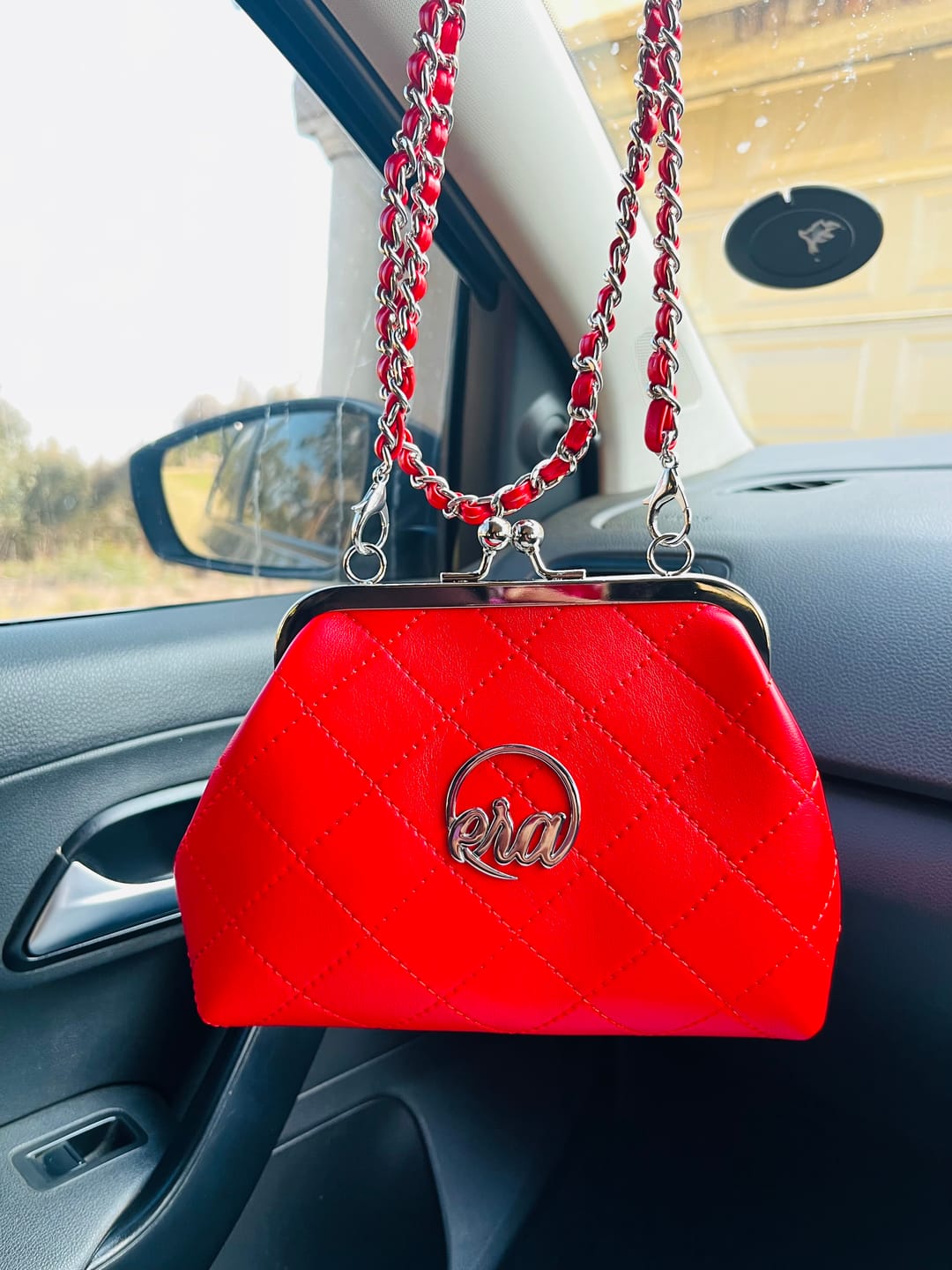 Customer photo review of ERA Mini Kisslock Chain Bag – Red