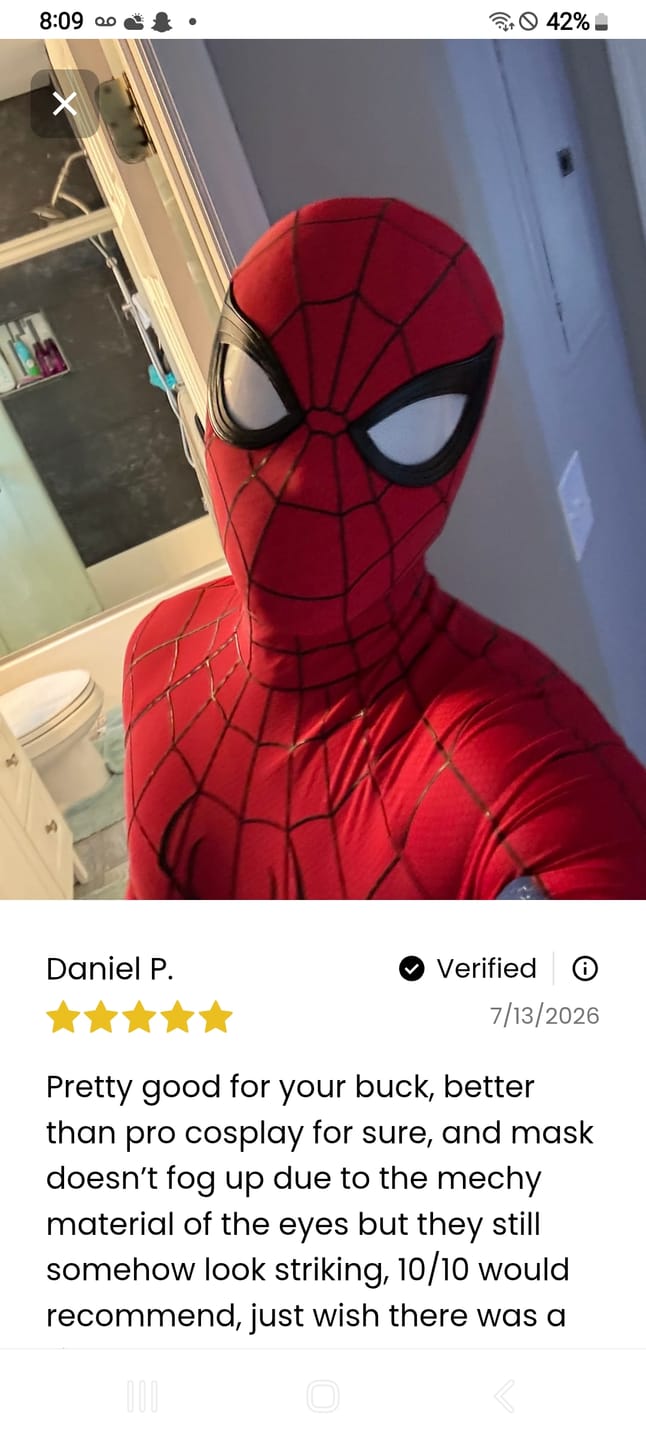Customer photo review of Spider Man: Brand New Day Suit (Screen Print) (Cosplay Grade)