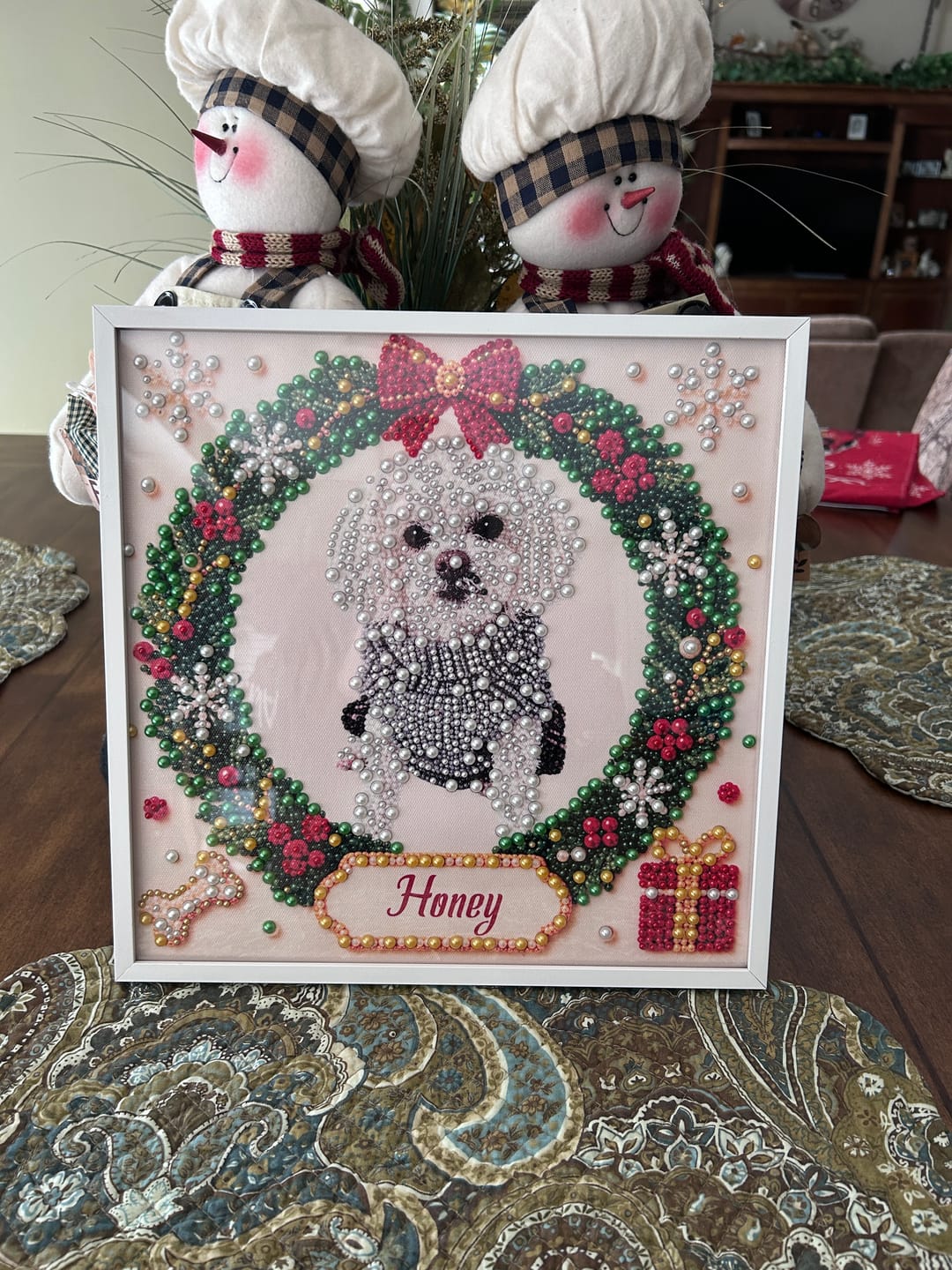 Customer photo review of Personalized Christmas Pet Pearl Art – Custom AI Pet Portrait Canvas Decor for Holiday Gift, Families & Pet Lovers