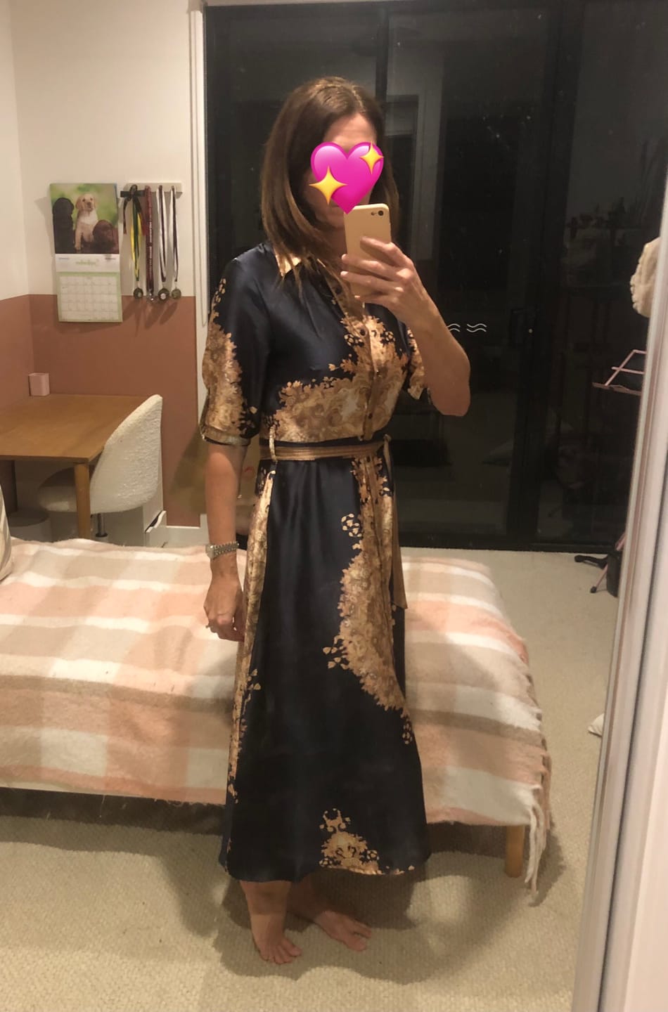 Customer photo review of Ellen Midi Shirt Dress in Navy with Multi Placement Satin