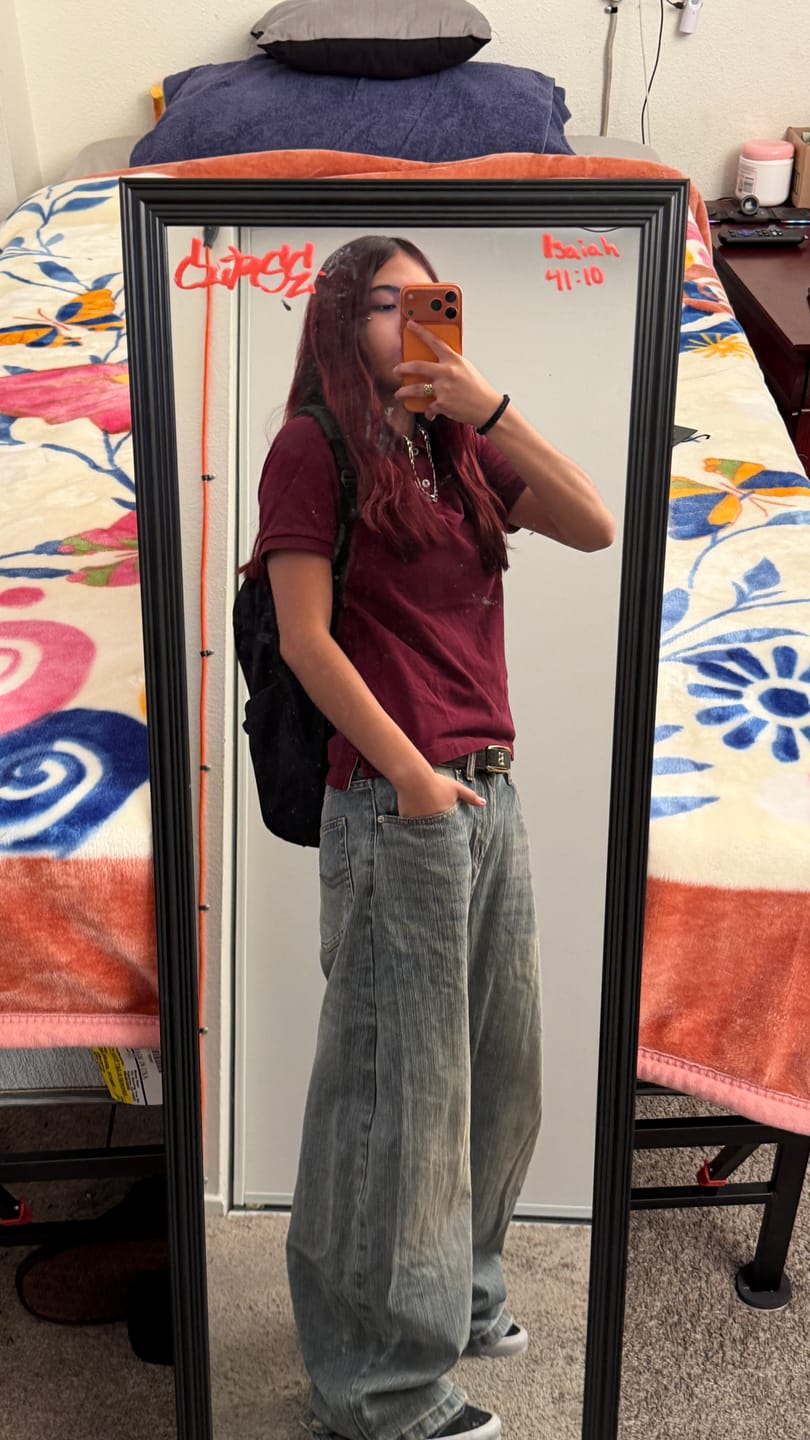 Customer photo review of Washed  Bamboo Weave Baggy Bootcut Jeans | Inflation Streetwear