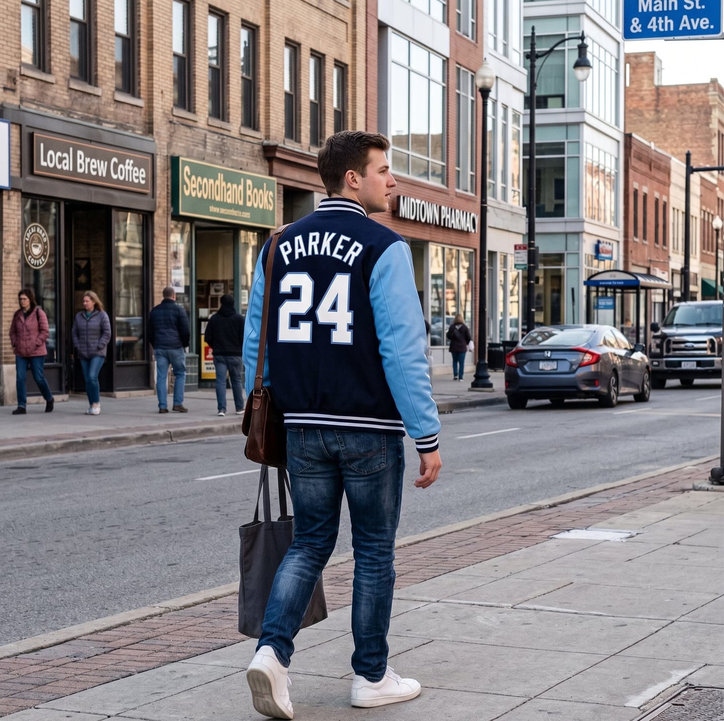 Customer photo review of Custom Navy White-Powder Blue Letterman Jacket with Contrast Sleeves Varsity Full-Snap