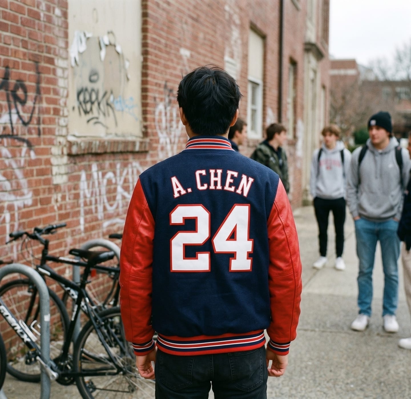 Customer photo review of Custom Navy Red-Navy Letterman Jacket with Contrast Sleeves Varsity Full-Snap